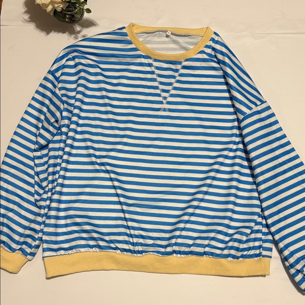 Blue and White Striped Sweatshirt with Yellow Accents